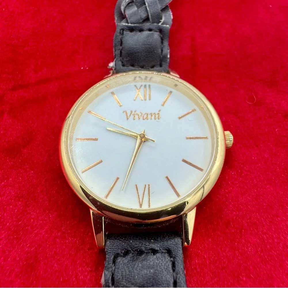 Vivant Gold-Tone‎ Minimalist Watch Accutime Japan Quartz Braided Leather Strap